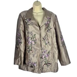 Nolan Miller Silk Jacket Retro Size Large Tan Vintage Floral Embroidered Runway